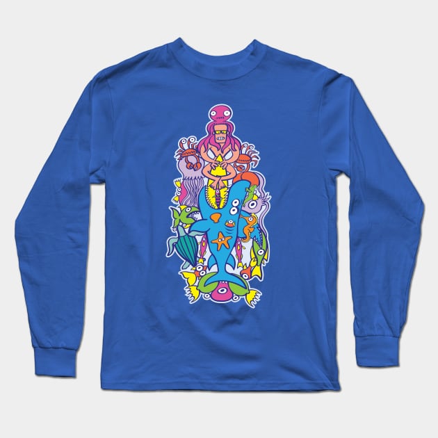 Surfer in trouble in a crowded sea in colorful doodle style Long Sleeve T-Shirt by zooco